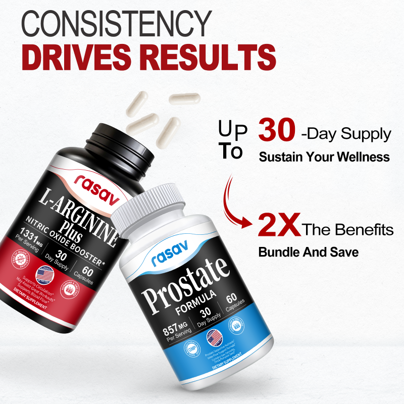 Prostate Supplement & Nitric Oxide Booster Bundle for Men, Include Saw Palmetto, Pygeum Powder and L-Arginine, Supports Prostate and Urinary Health, Blood Flow - 60 Capsules & 60 Capsules