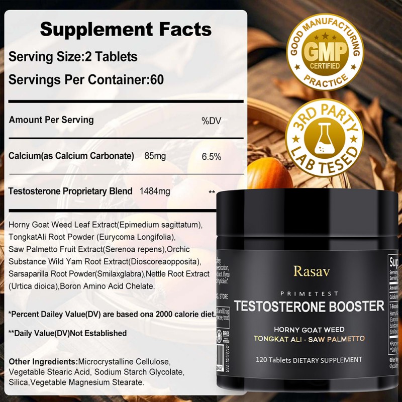 Rasav Horny Goat Weed and Tongkat Ali Supplement for Men, Testosterone Booster Supplement for Men, Male Enhancing Supplements, Supports Muscle Growth, Strength, Energy and Stamina, 120 Tablets