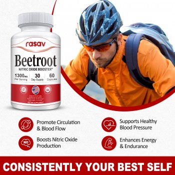 Rasav Beet Root Capsules 1300mg Per Serving - Beetroot Powder Supports Blood Flow, Blood Pressure, Heart & Energy, Beet Root Supplement Non-GMO - 60 Capsules, 30-Day Supply