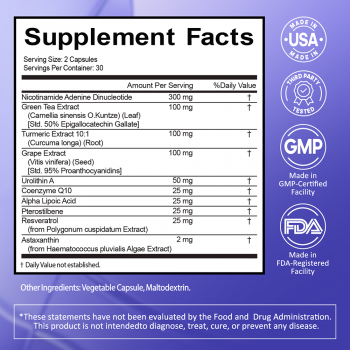 NAD+ Supplement with Resveratrol - NMN Supplement Alternative - Advanced Cellular Energy, Anti-Aging & Mitochondrial Support with CoQ10, Urolithin A & Alpha Lipoic Acid - Made in USA, 60 Capsules