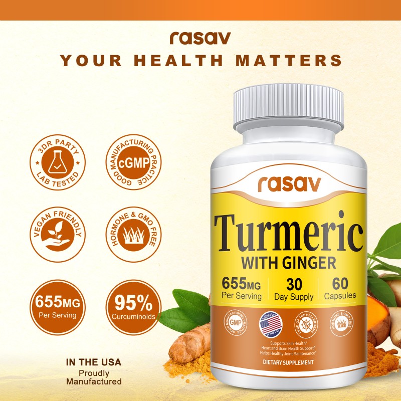 Rasav Turmeric Curcumin Supplement - 95% Curcuminoids with Turmeric & Ginger, Black Pepper for Ultra High Absorption, Support Joint & Digestion Health, Non-GMO, 60 Capsules