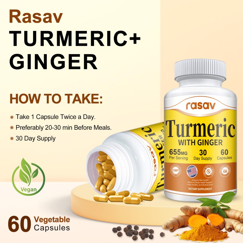 Rasav Turmeric Curcumin Supplement - 95% Curcuminoids with Turmeric & Ginger, Black Pepper for Ultra High Absorption, Support Joint & Digestion Health, Non-GMO, 60 Capsules