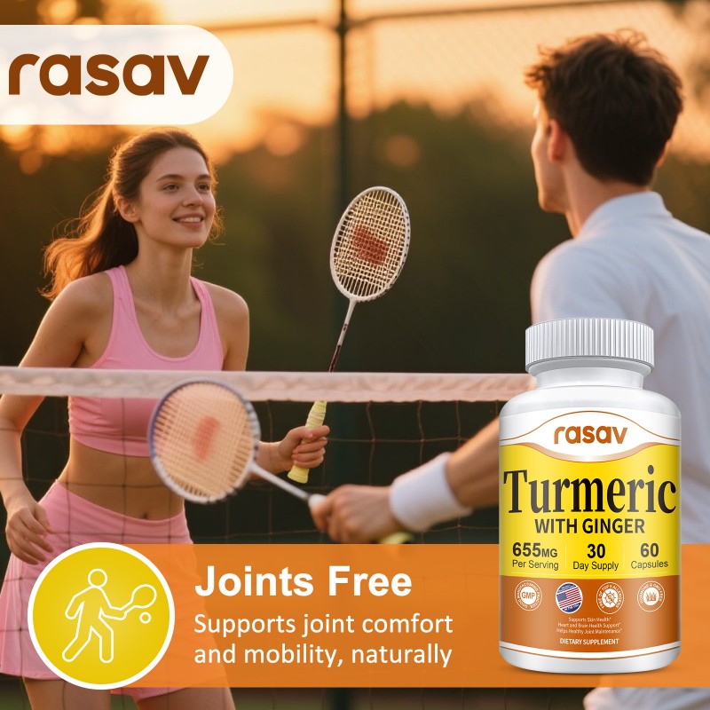 Rasav Turmeric Curcumin Supplement - 95% Curcuminoids with Turmeric & Ginger, Black Pepper for Ultra High Absorption, Support Joint & Digestion Health, Non-GMO, 60 Capsules