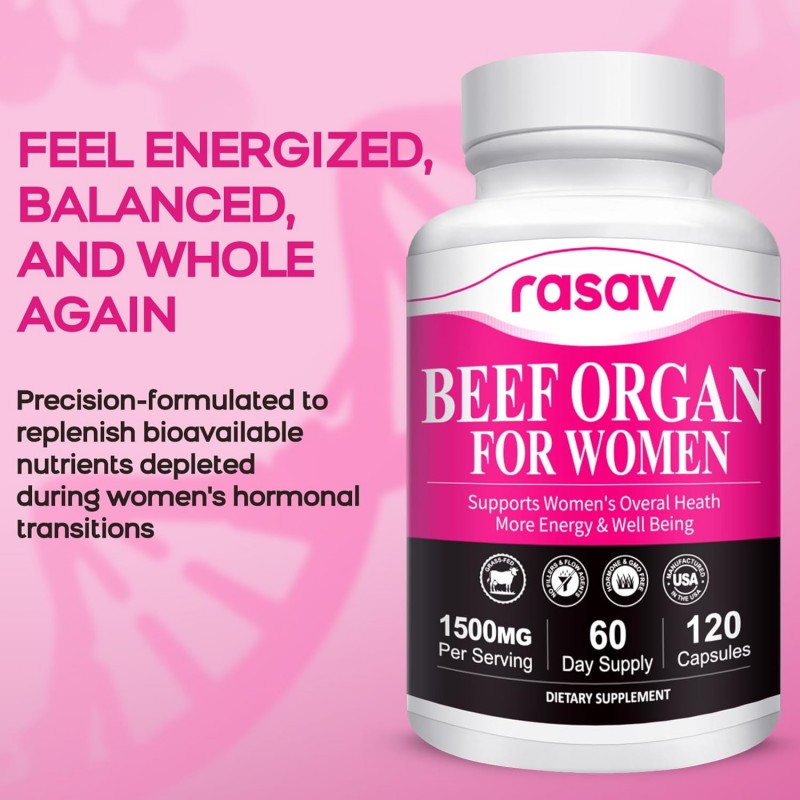 Rasav Beef Organ Supplement for Women - Supports Hormone Balance| Ferritin & Energy Levels - Grass-Fed Beef Liver, Kidney, Heart, & More - 120 Capsules